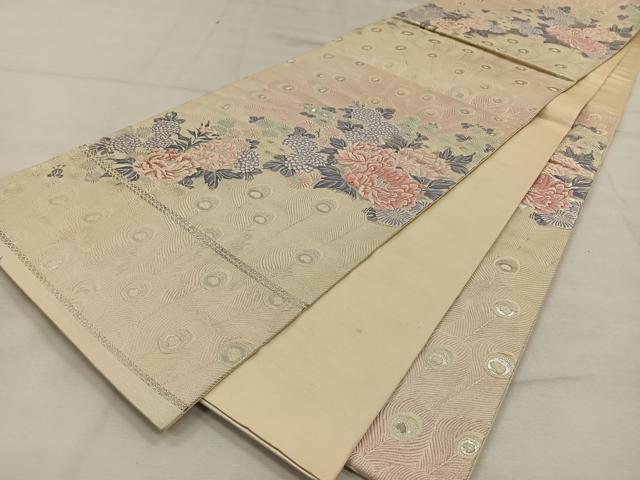 平和屋着物◎六通柄袋帯 唐織 備花孔雀文 銀糸 正絹 逸品 CAAW3545qv