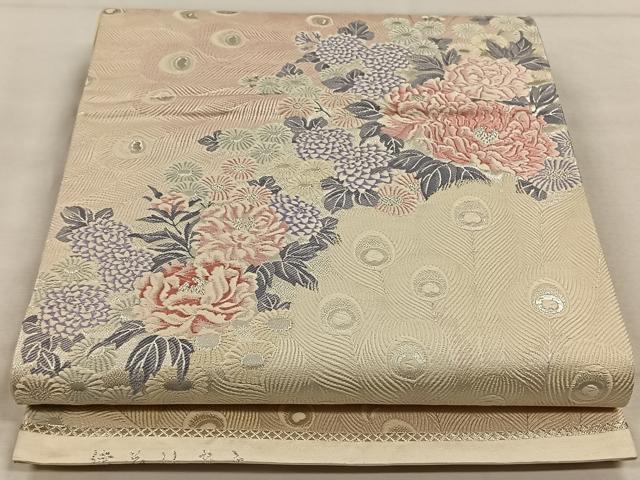 平和屋着物◎六通柄袋帯 唐織 備花孔雀文 銀糸 正絹 逸品 CAAW3545qv
