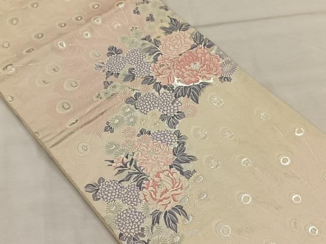 平和屋着物◎六通柄袋帯 唐織 備花孔雀文 銀糸 正絹 逸品 CAAW3545qv