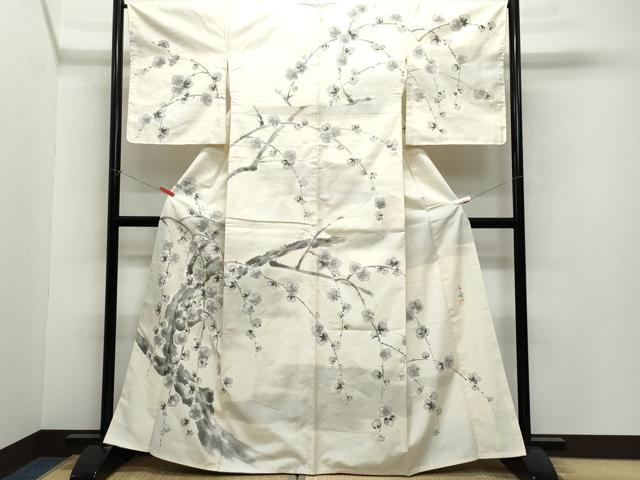 平和屋着物●訪問着 作家物 紬地 手書き 枝梅文 金彩 正絹 逸品 CAAW3648vf