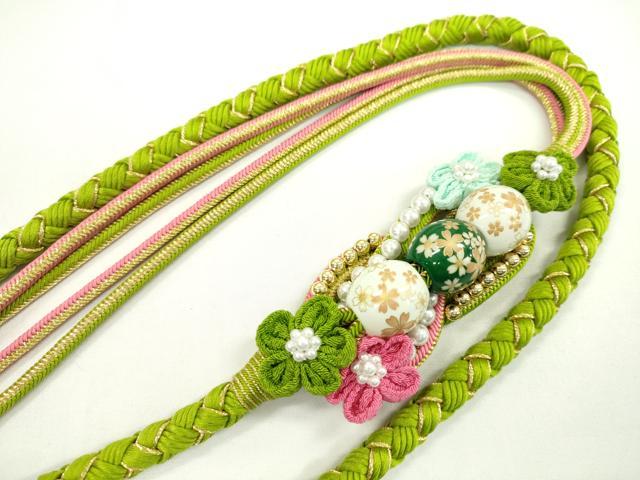 平和屋着物●和装小物 振袖用帯締め 飾り付き 飾り玉 つまみ細工 パール 花 萌黄色 金糸 撚り房 逸品 未使用 CAAW4042ju