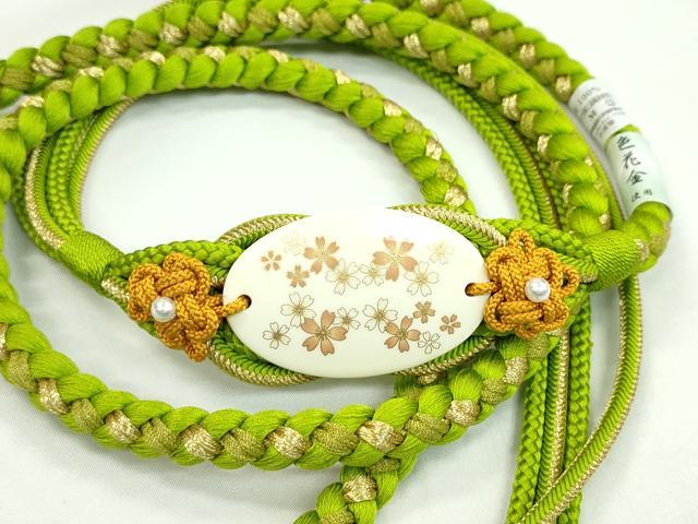 平和屋着物●和装小物 振袖用帯締め 舞花 色花金 黄緑色 金糸 撚り房 逸品 未使用 CAAW4047ju