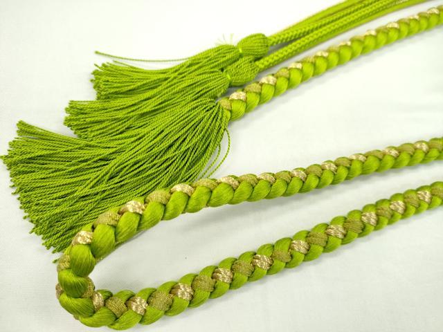 平和屋着物●和装小物 振袖用帯締め 舞花 色花金 黄緑色 金糸 撚り房 逸品 未使用 CAAW4047ju