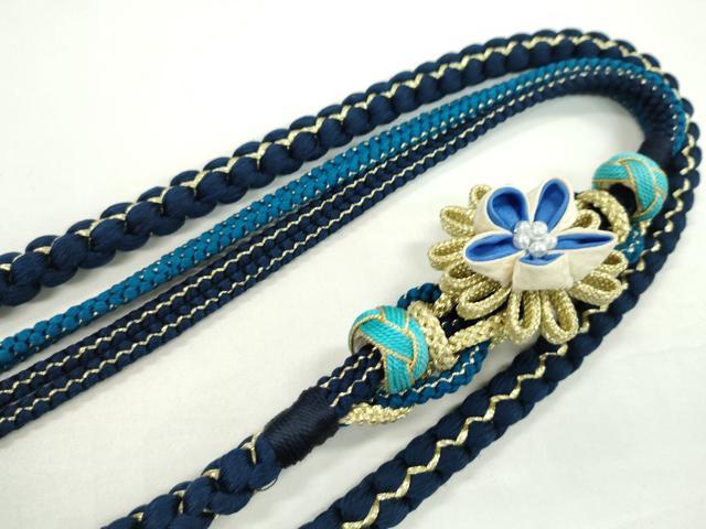 平和屋着物●和装小物 振袖用帯締め 飾り付き つまみ細工 花 小田巻き 濃藍色 金糸 切り房 逸品 未使用 CAAW4051ju