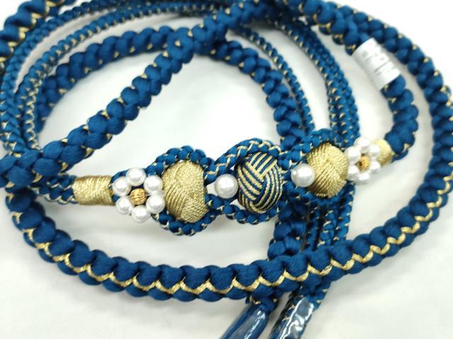 平和屋着物●和装小物 振袖用帯締め 飾り付き 小田巻き パール 花 紺色 金糸 切り房 逸品 未使用 CAAW4052ju