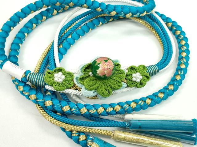 平和屋着物●和装小物 振袖用帯締め 飾り玉 つまみ細工 花 シアン パール 金糸 切り房 逸品 未使用 CAAW4058ju