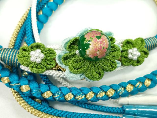 平和屋着物●和装小物 振袖用帯締め 飾り玉 つまみ細工 花 シアン パール 金糸 切り房 逸品 未使用 CAAW4058ju