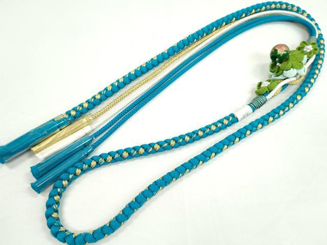 平和屋着物●和装小物 振袖用帯締め 飾り玉 つまみ細工 花 シアン パール 金糸 切り房 逸品 未使用 CAAW4058ju