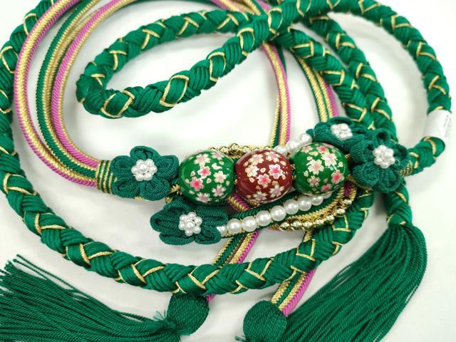 平和屋着物●和装小物 振袖用帯締め 飾り玉 つまみ細工 パール 花 萌葱色 金糸 撚り房 逸品 未使用 CAAW4063ju