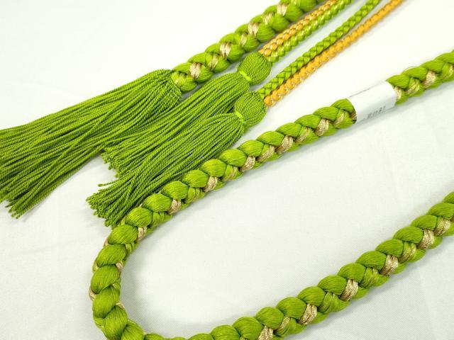 平和屋着物●和装小物 振袖用帯締め 飾り玉 つまみ細工 花 パール 若草色 金糸 撚り房 逸品 未使用 CAAW4064ju