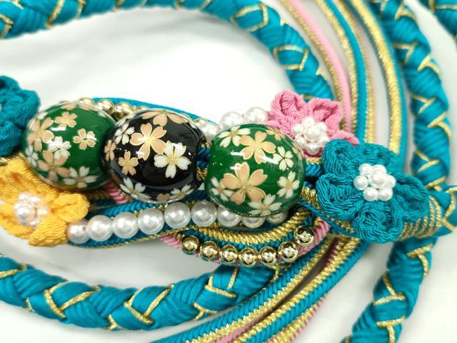 平和屋着物●和装小物 振袖用帯締め 飾り玉 つまみ細工 花 パール シアン 金糸 撚り房 逸品 未使用 CAAW4067ju