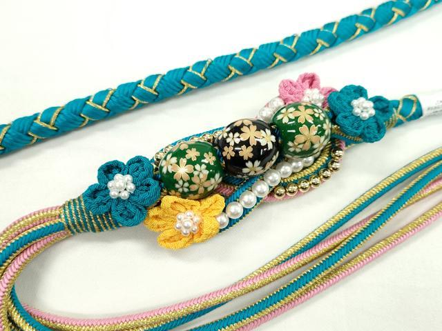 平和屋着物●和装小物 振袖用帯締め 飾り玉 つまみ細工 花 パール シアン 金糸 撚り房 逸品 未使用 CAAW4067ju