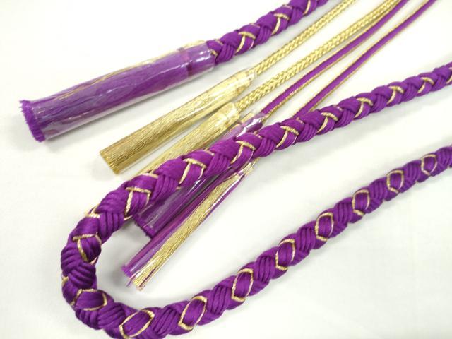 平和屋着物●和装小物 振袖用帯締め 飾り付き つまみ細工 花 パール 本紫色 金糸 切り房 逸品 未使用 CAAW4074ju