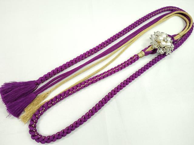 平和屋着物●和装小物 振袖用帯締め パール ビジュー 花 紫色 金糸 切り房 逸品 未使用 CAAW4078ju