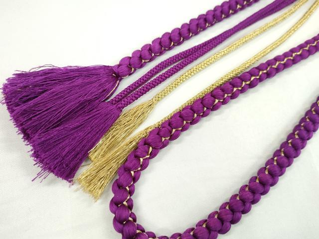 平和屋着物●和装小物 振袖用帯締め パール ビジュー 花 紫色 金糸 切り房 逸品 未使用 CAAW4078ju