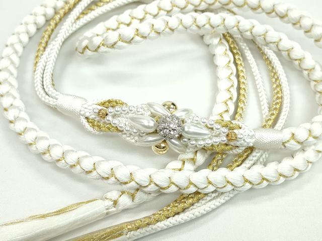 平和屋着物●和装小物 振袖用帯締め 飾り付き パール ビジュー 白 金銀糸 切り房 逸品 未使用 CAAW4088ju