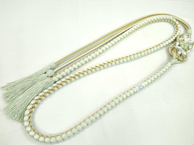 平和屋着物●和装小物 振袖用帯締め ちりめん花飾り パール 白緑色 金糸 撚り房 逸品 未使用 CAAW4096ju