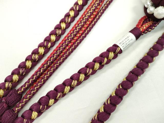 平和屋着物●和装小物 振袖用帯締め つまみ細工 飾り玉 パール 花 暗紅色 金糸 撚り房 逸品 未使用 CAAW4109ju