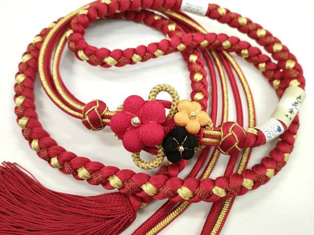 平和屋着物●和装小物 振袖用帯締め ちりめん花飾り 梅 本紅色 色花金 小田巻き 金糸 撚り房 逸品 未使用 CAAW4113ju