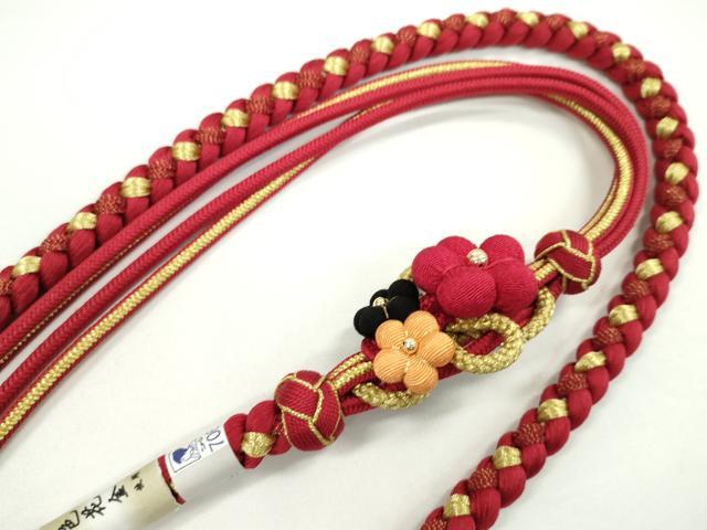 平和屋着物●和装小物 振袖用帯締め ちりめん花飾り 梅 本紅色 色花金 小田巻き 金糸 撚り房 逸品 未使用 CAAW4113ju