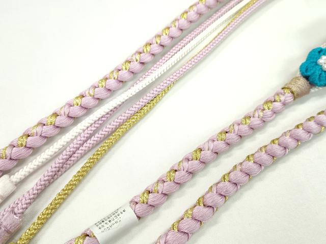 平和屋着物●和装小物 振袖用帯締め つまみ細工 飾り玉 花 パール 撫子色 金糸 切り房 逸品 未使用 CAAW4123ju