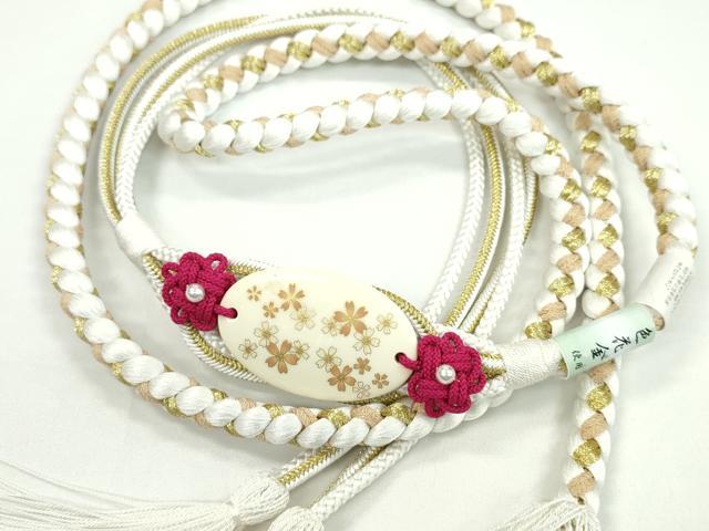 平和屋着物●和装小物 振袖用帯締め パール 白色 色花金 金糸 撚り房 逸品 未使用 CAAW4129ju