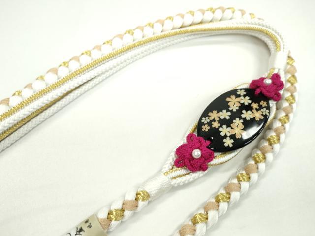 平和屋着物●和装小物 振袖用帯締め 飾り付き パール 白 色花金 金糸 撚り房 逸品 未使用 CAAW4130ju