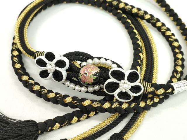 平和屋着物●和装小物 振袖用帯締め 飾り玉 つまみ細工 花 パール 黒色 金糸 撚り房 逸品 未使用 CAAW4145ju