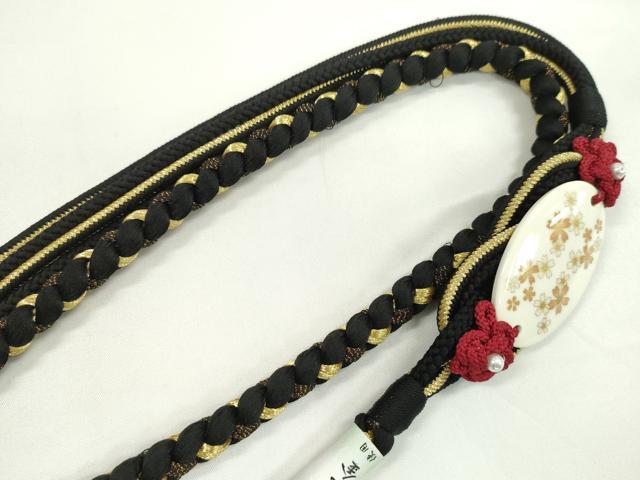 平和屋着物●和装小物 振袖用帯締め 飾り付き 舞花 色花金 黒 金糸 撚り房 逸品 未使用 CAAW4149ju