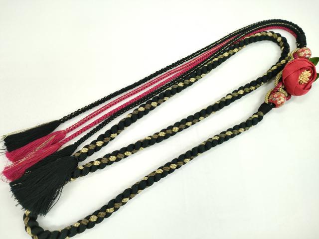平和屋着物●和装小物 振袖用帯締め 飾り付き 飾り玉 花飾り 黒 金糸 切り房 逸品 未使用 CAAW4150ju