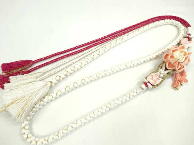 平和屋着物●和装小物 振袖用帯締め 飾り付き つまみ細工 花 パール 白 金糸 切り房 逸品 未使用 CAAW4158ju