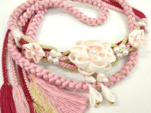 平和屋着物●和装小物 振袖用帯締め 飾り付き つまみ細工 パール 花 鴇色 金糸 切り房 逸品 未使用 CAAW4160ju