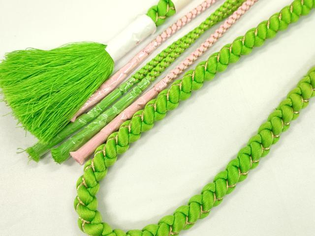 平和屋着物●和装小物 振袖用帯締め 飾り結び 翠嵐工房 パール 花 萌黄色 切り房 金糸 日本製 逸品 未使用 CAAW4161ju