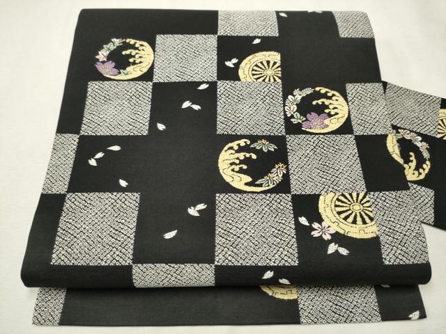 平和屋着物●九寸名古屋帯 唐織 立浪草花文 黒地 正絹 逸品 CAAW4442hy