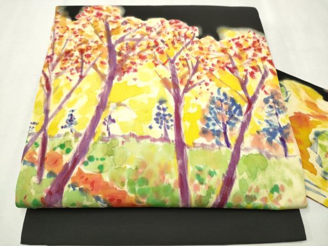 平和屋着物●塩瀬 九寸名古屋帯 手描き 樹林文 黒地 正絹 逸品 CAAW4582hy