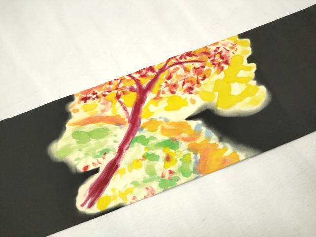 平和屋着物●塩瀬 九寸名古屋帯 手描き 樹林文 黒地 正絹 逸品 CAAW4582hy