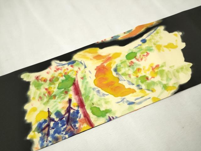 平和屋着物●塩瀬 九寸名古屋帯 手描き 樹林文 黒地 正絹 逸品 CAAW4582hy
