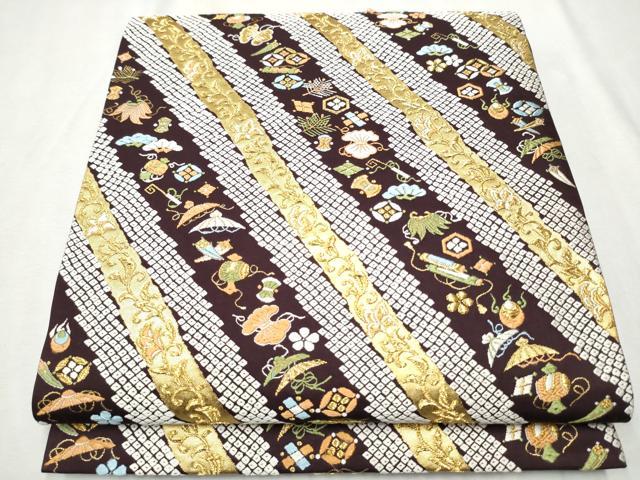 平和屋着物●六通柄袋帯 唐織 宝尽くし 斜線文 金糸 正絹 逸品 CAAW4683hy