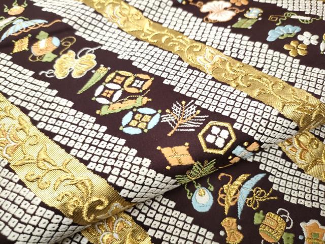 平和屋着物●六通柄袋帯 唐織 宝尽くし 斜線文 金糸 正絹 逸品 CAAW4683hy