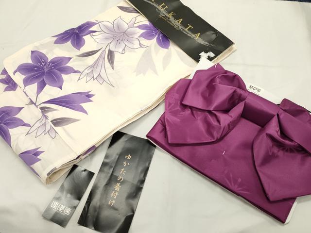 平和屋着物∴夏物 浴衣・つけ帯セット 百合 綿 未使用 CAAW5011dy