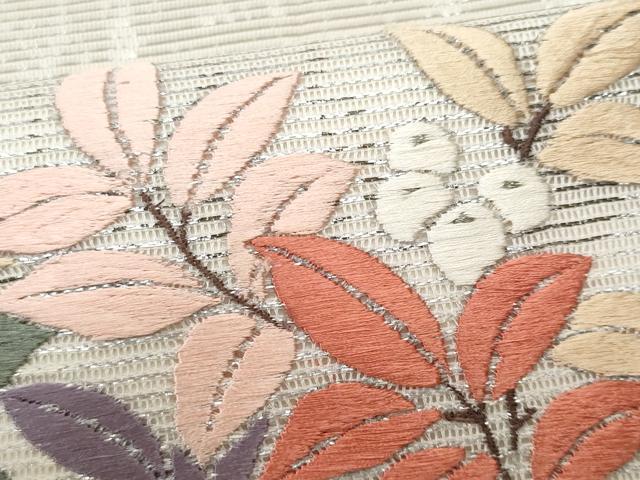 平和屋着物*夏物 九寸名古屋帯 刺繍 絽綴れ 南天枝葉文 銀糸 正絹 逸品 CAAW5488fb