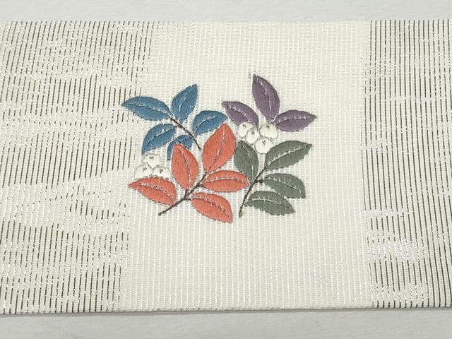 平和屋着物*夏物 九寸名古屋帯 刺繍 絽綴れ 南天枝葉文 銀糸 正絹 逸品 CAAW5488fb