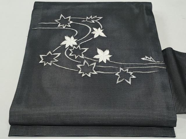 平和屋着物*夏物 九寸名古屋帯 刺繍 竜田川 黒地 銀糸 正絹 逸品 CAAW5498fb