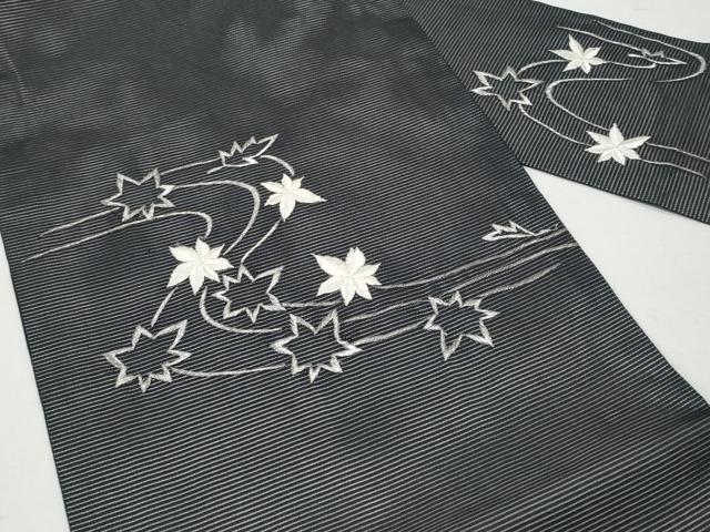 平和屋着物*夏物 九寸名古屋帯 刺繍 竜田川 黒地 銀糸 正絹 逸品 CAAW5498fb