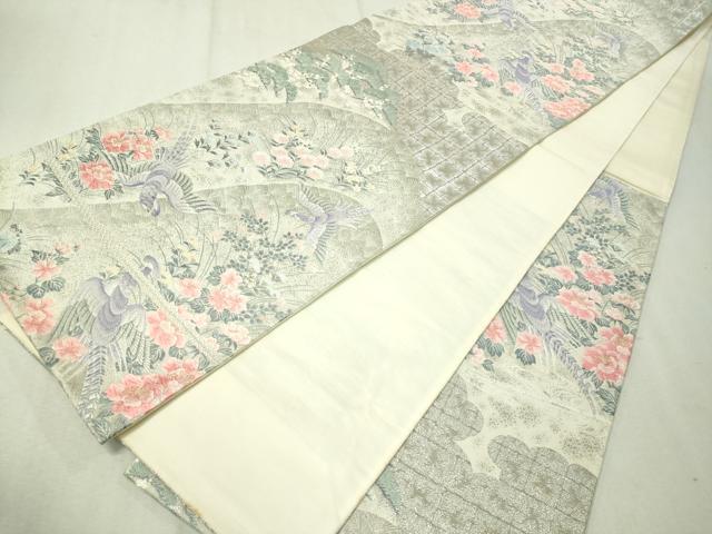 平和屋着物▼六通柄袋帯 唐織 深山花鳥文 九百錦プラチナ箔 正絹 逸品 CAAW5610vp