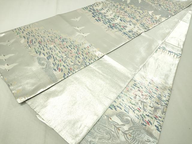 平和屋着物●本加賀友禅作家 百貫華峰 柄袋帯 立波飛鳥花文 銀糸 正絹 逸品 CAAW5721vp