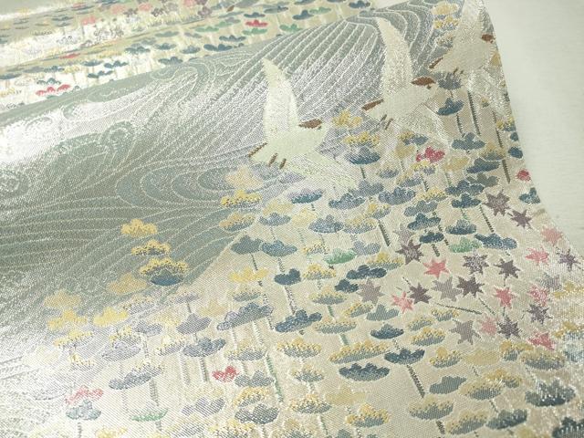 平和屋着物●本加賀友禅作家 百貫華峰 柄袋帯 立波飛鳥花文 銀糸 正絹 逸品 CAAW5721vp