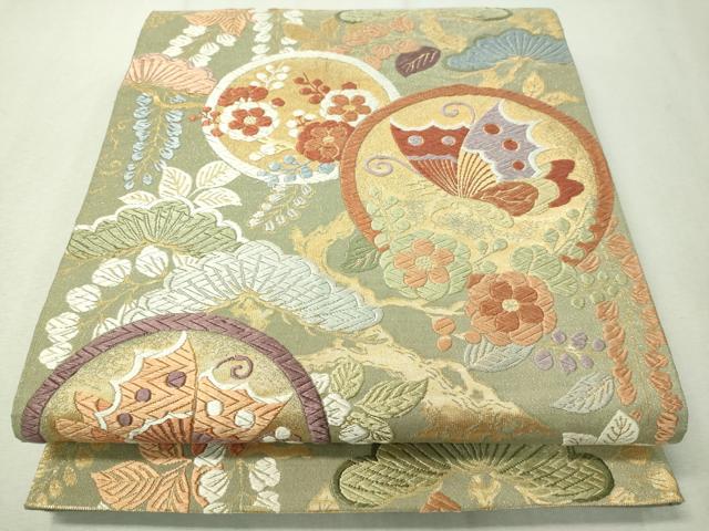 平和屋着物●六通柄袋帯 本綴唐織 舞蝶花松丸文 金通し地 正絹 逸品 CAAW5876vp