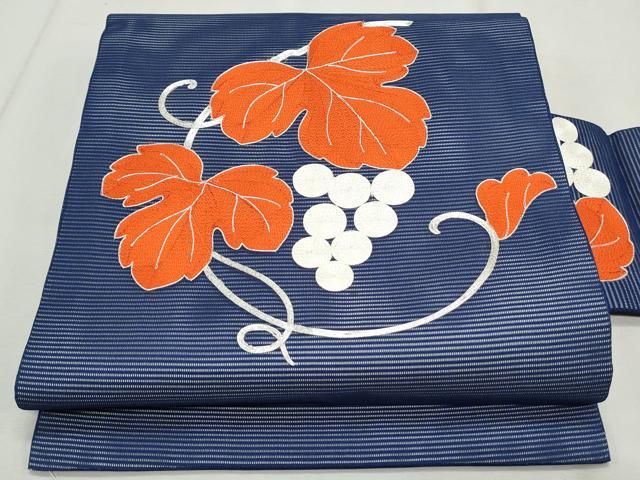 平和屋着物*夏物 九寸名古屋帯 総刺繍 駒刺繍 葡萄蔦の葉文 正絹 逸品 CAAW6581th