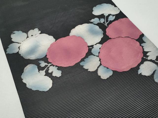平和屋着物*夏物 九寸開き名古屋帯 枝花文 黒地 銀糸 正絹 逸品 CAAW6893fb